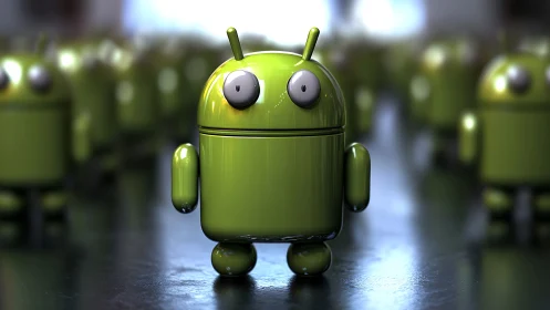 Curious glossy green robot stands out from its shiny crowd
