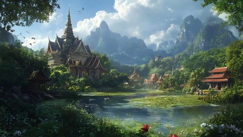 Temple lagoon breathing emerald hush beneath clouded peaks.