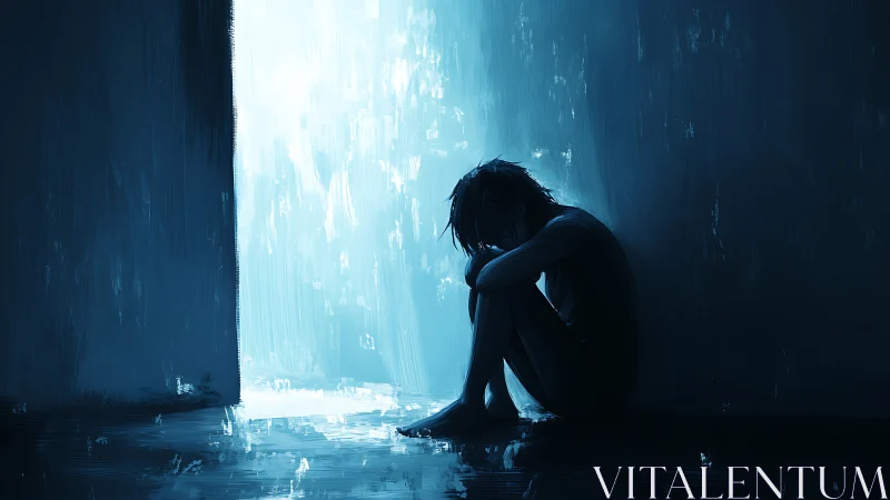 Solitary figure in blue corridor lit by harsh backlight