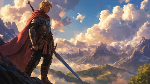 Skybound warrior surveys sunlit realms beyond the peaks.