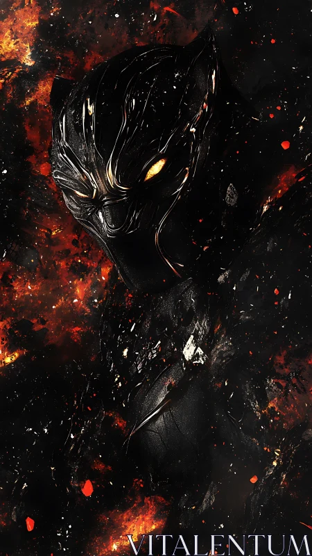 Armored feline-like figure emerges within fiery particle field