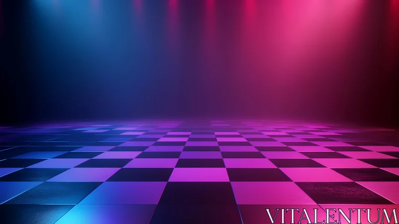 Neon-lit checkered dance floor rendered with volumetric fog lighting
