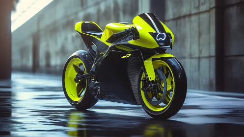 Neon yellow superbike stands in glossy concrete tunnel
