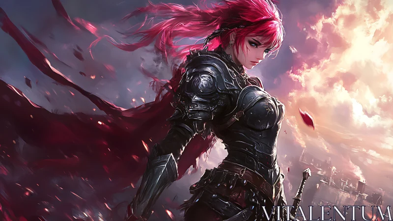 Scarlet-haired knight dominates stormlit burning skyline.