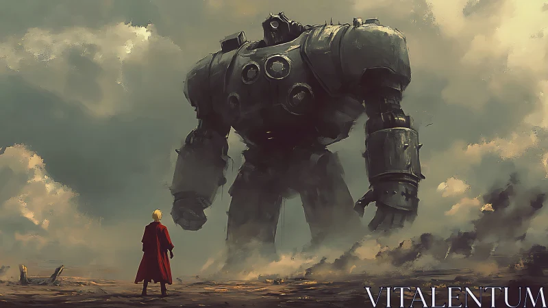 Human figure observing large armored mech in open wasteland.