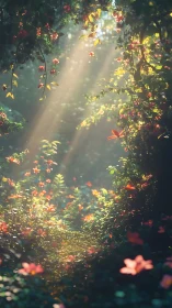 Sunlit forest path with dense foliage and scattered flowers.