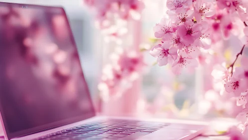 Pink laptop beside soft-focus cherry blossoms by window.