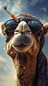 Camel wearing sunglasses and smoking cigarette in close-up