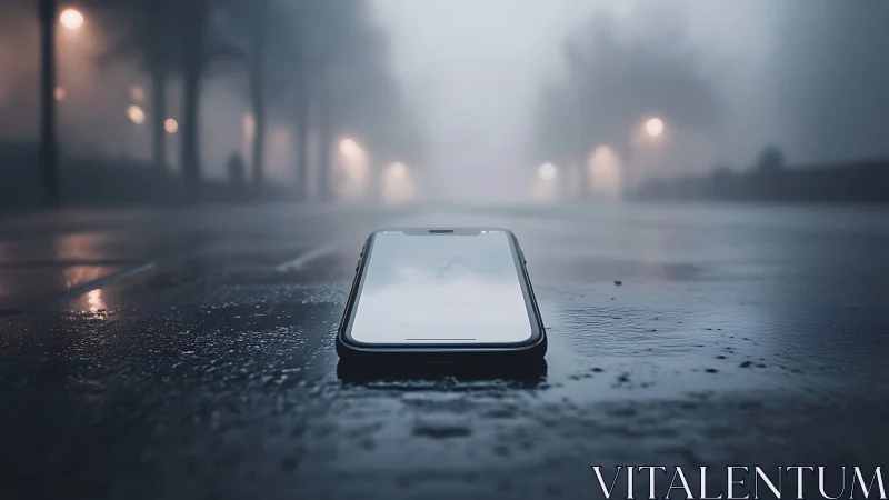 Smartphone lying on wet city street in dense evening fog.