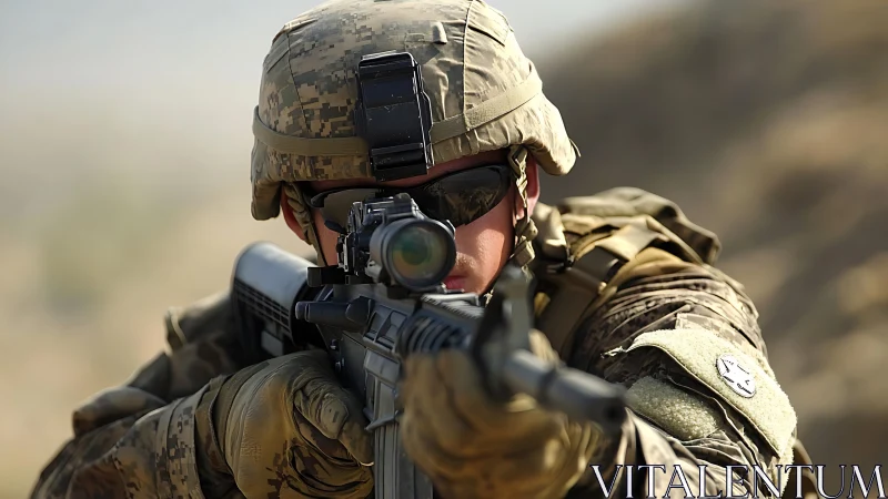 Soldier aiming rifle with optic in desert field environment.