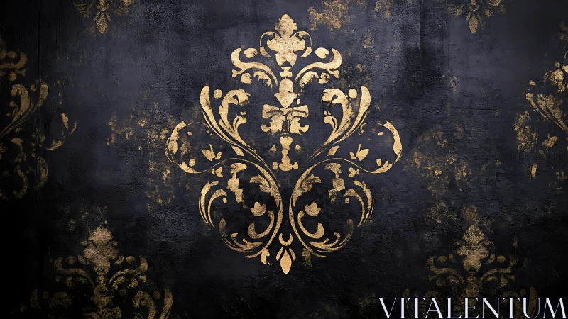 Ornate gold damask motif on distressed black wall.
