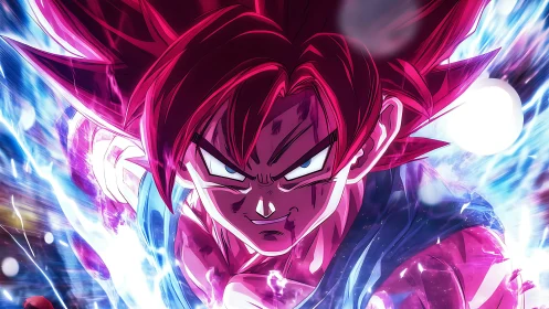 Intense anime warrior charging in blue and pink energy.