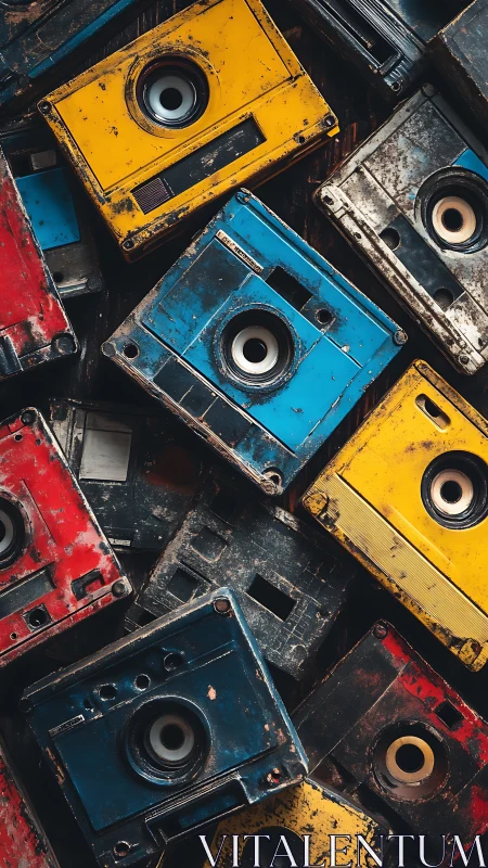 Stacked worn data cassettes form dense overlapping surface