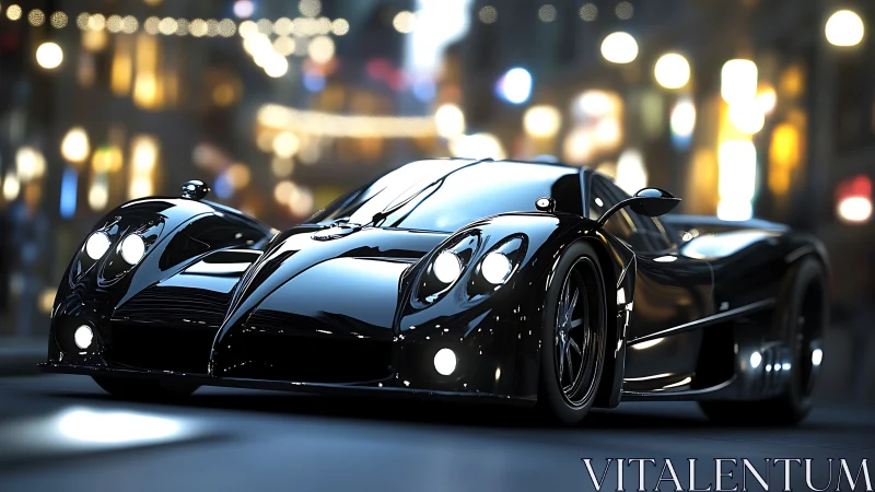 Midnight supercar glides through neon-splashed city haze
