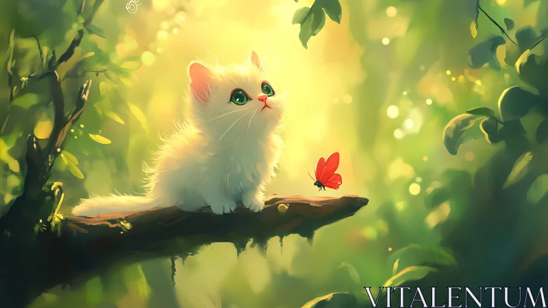 White Kitten Observing Red Butterfly in Luminous Garden.