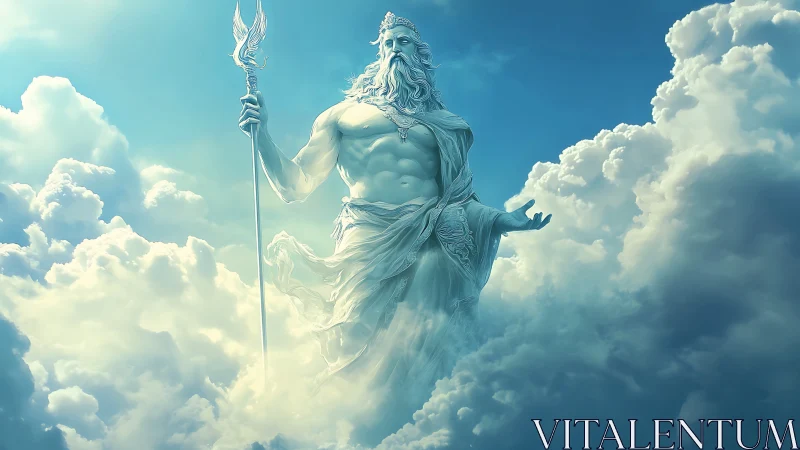 Cloud-throned storm god rising through luminous blue heavens.