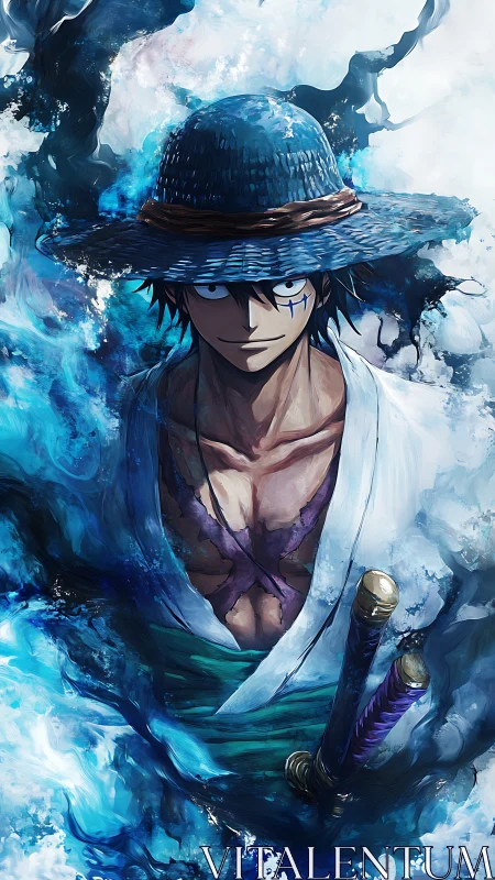 Dynamic anime swordsman amid turbulent blue energy currents