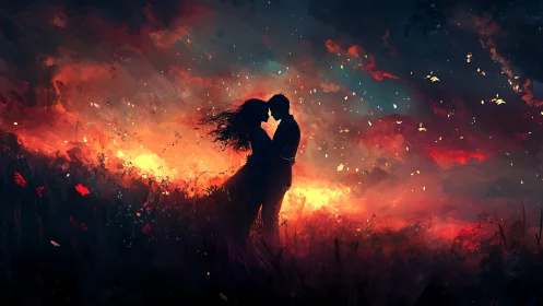 Silhouetted Couple Kissing in Fiery Explosion.
