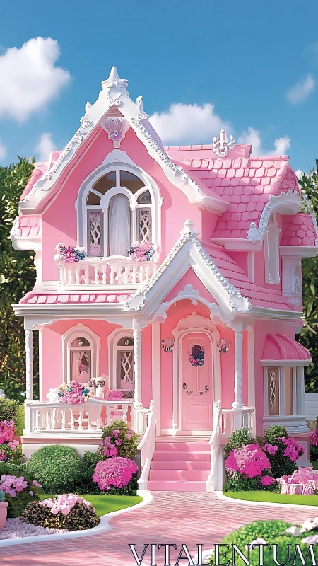 Victorian candy-pink dollhouse facade rendered in stylized 3D