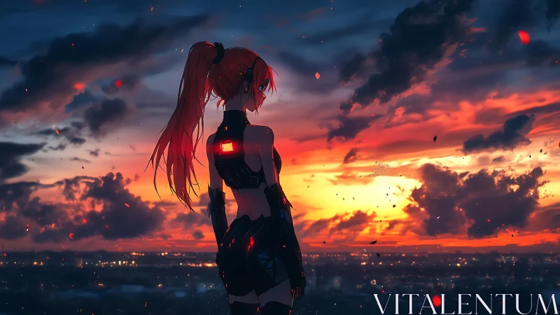 Cybernetic girl contemplates a burning neon sunset skyline.