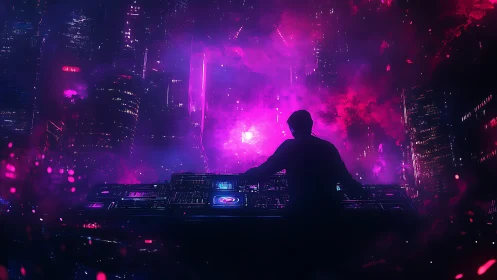 Cyberpunk DJ mixes neon skyline over luminous cityscape.