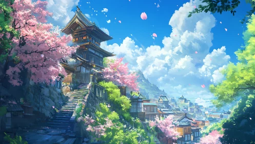 Spring hillside temple above sunlit traditional village.