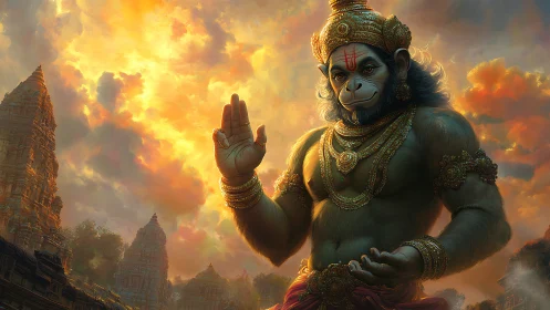 Majestic monkey deity in ornate gold armor at sunset.