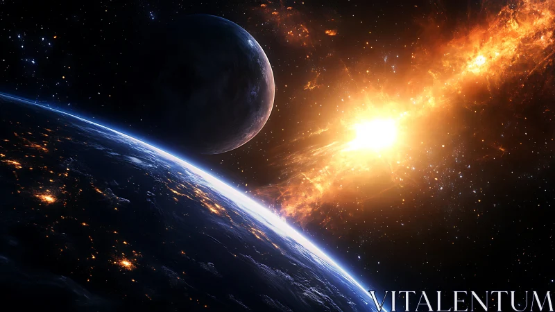 Planetary horizon under blazing stellar eruption glow.