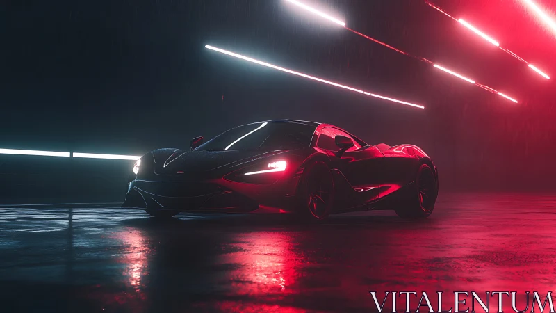 Low-slung red hypercar under neon tunnel lighting in rain-soaked bay