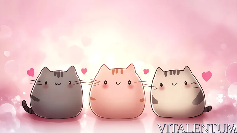 Three Cute Cats with Hearts on Soft Pink Gradient Background