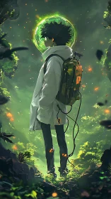 Forestbound drifter walks through neon spores and soft starlight