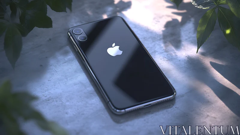 Sleek smartphone lies in cool dappled light on stone surface