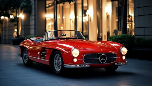 Evening city lights embrace a gleaming red classic roadster