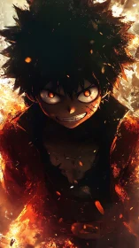 Burning resolve surrounds a fierce anime hero in flames