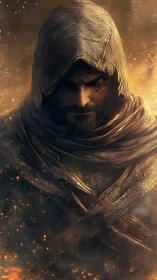 Mysterious hooded wanderer emerging through drifting embers.