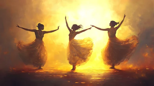 Backlit trio of dancers form radiant symmetrical silhouettes