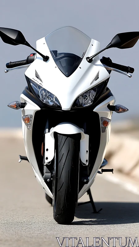 White sport motorcycle is positioned front-on on open road