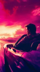 Neon dusk highway charge with lone driver chasing horizons.