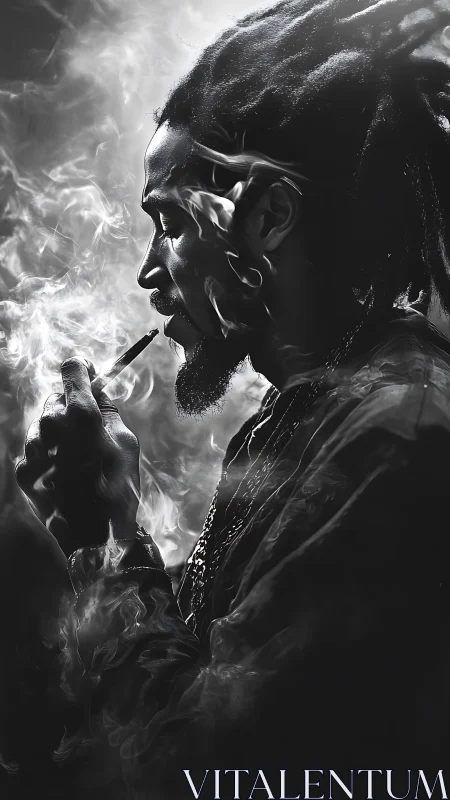 Man with dreadlocks smoking in heavy swirling smoke.