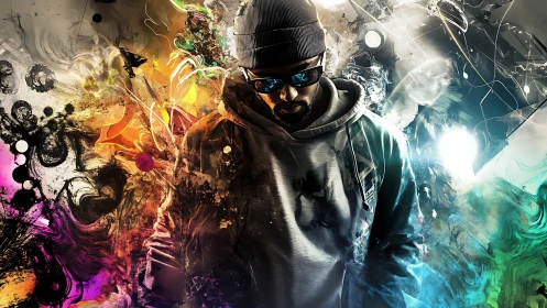 Digital painting of urban figure in chromatic abstract vortex.