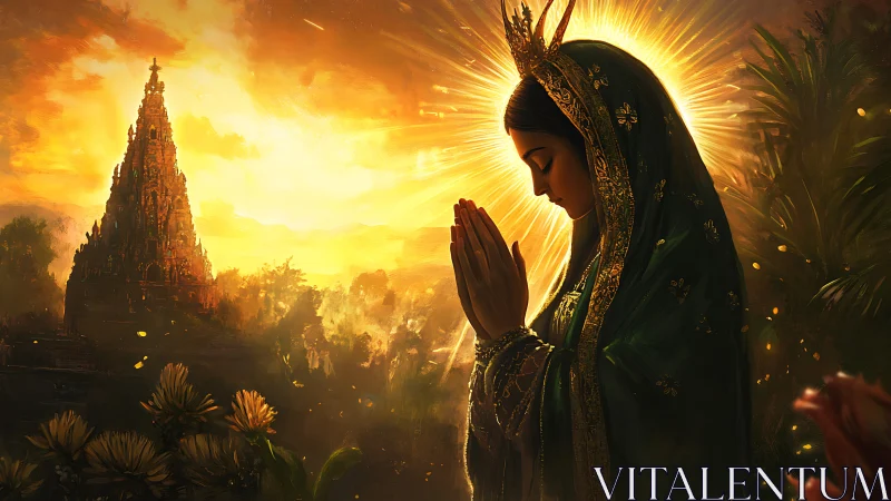 Radiant veiled figure in prayer before sunlit temple complex.