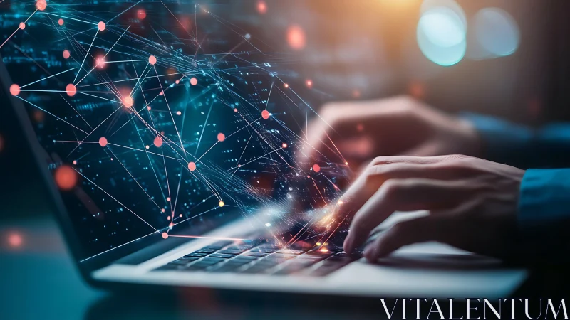 Hands typing on laptop with glowing digital network overlay.