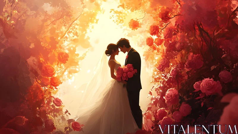 Radiant garden wedding embrace amid glowing rose arches.