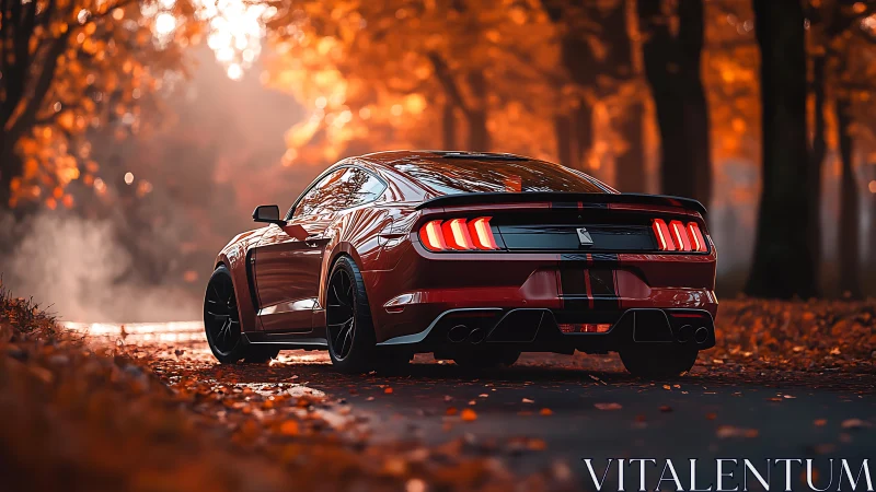 Red muscle car glows in an autumn forest roadway scene.