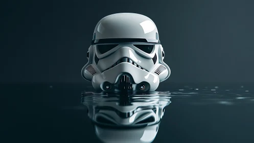 Glossy white sci fi helmet rests calmly above quiet water