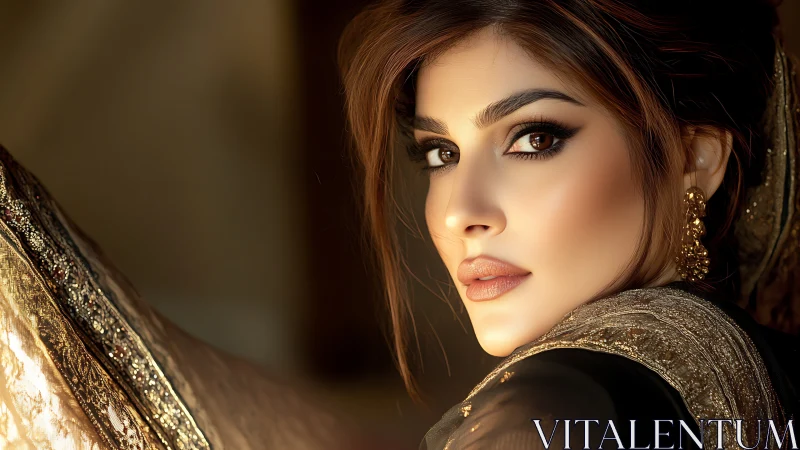 Elegant woman in traditional attire with golden accents, portrait style.