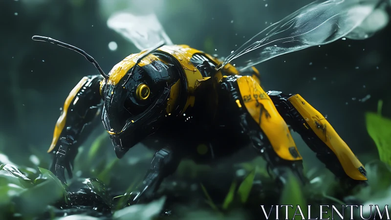 Mechanical bee explores a misty forest floor in vivid detail