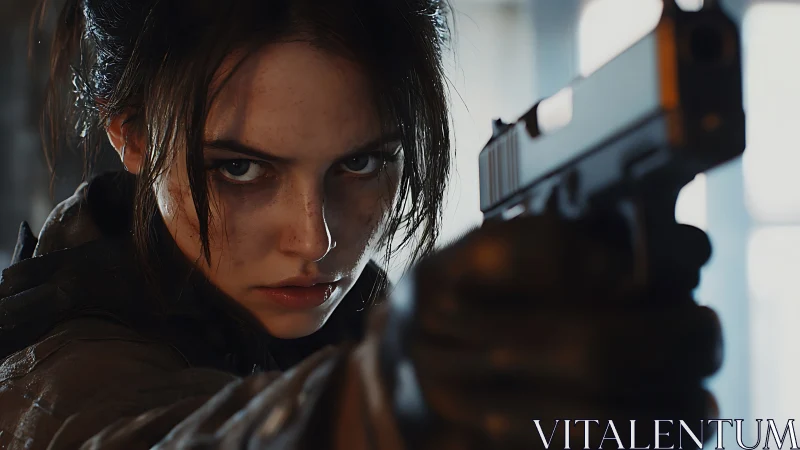 Determined young fighter aims handgun with intense focus