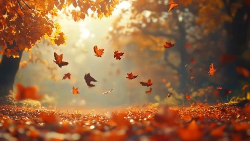 Dancing autumn leaves in golden forest sunlight drift softly.