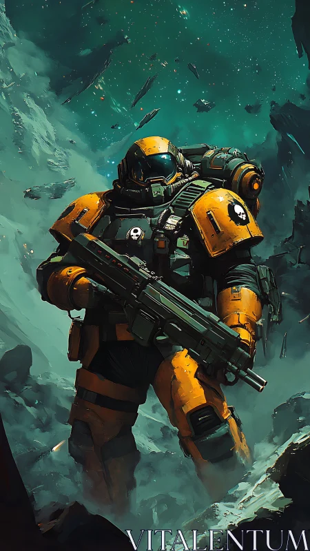 Armored space marine advances through shattered asteroid field